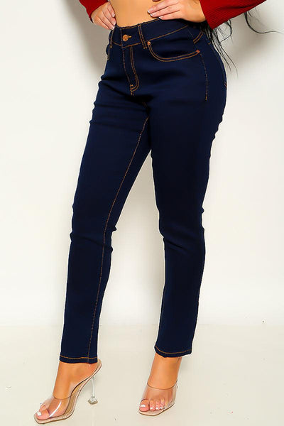 Dark Blue Zip Up Jeans - AMIClubwear