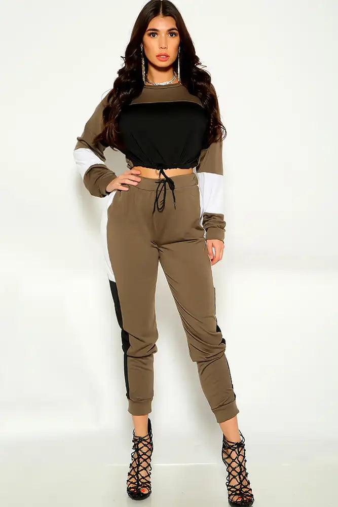 Dark Brown Two Tone Long Sleeve Long Sleeve Two Piece Outfit - AMIClubwear