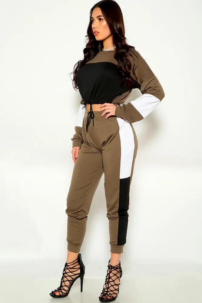 Dark Brown Two Tone Long Sleeve Long Sleeve Two Piece Outfit - AMIClubwear