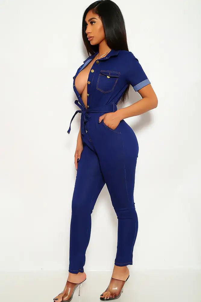 Dark Denim Short Sleeve Jumpsuit - AMIClubwear