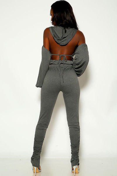 Dark Grey Long Sleeve Cut Out Open Back Two Piece Outfit - AMIClubwear