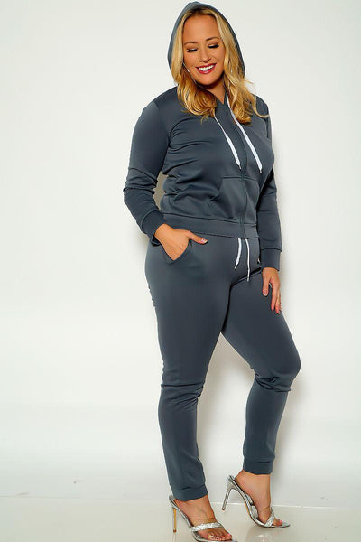 Dark Grey Long Sleeve Hooded Zipper Closure Plus Size Two Piece Outfit - AMIClubwear