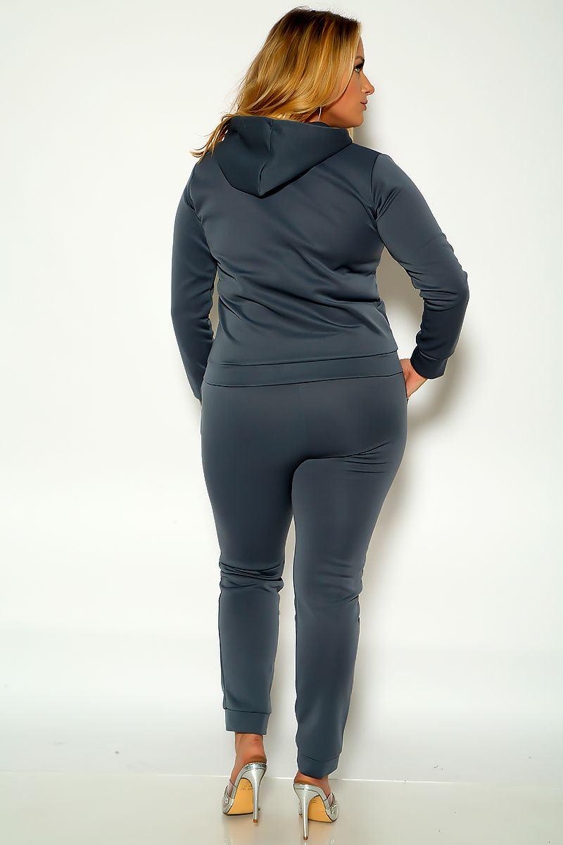 Dark Grey Long Sleeve Hooded Zipper Closure Plus Size Two Piece Outfit - AMIClubwear