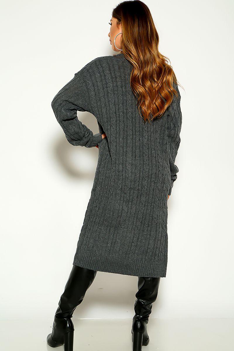 Dark Grey Long Sleeve Open Front Knitted Cardigan - AMIClubwear