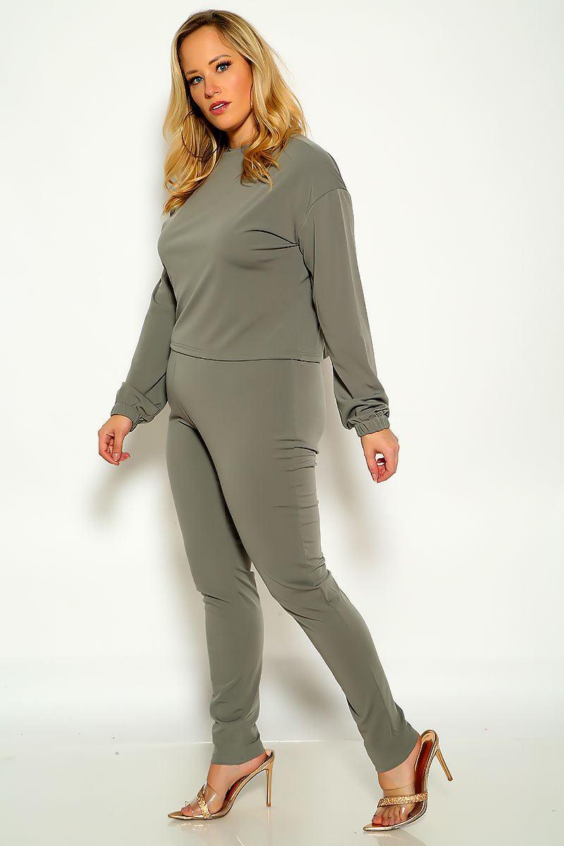Dark Grey Plus Size Long Sleeve Mock Neck Lounge Wear Two Piece Outfit - AMIClubwear