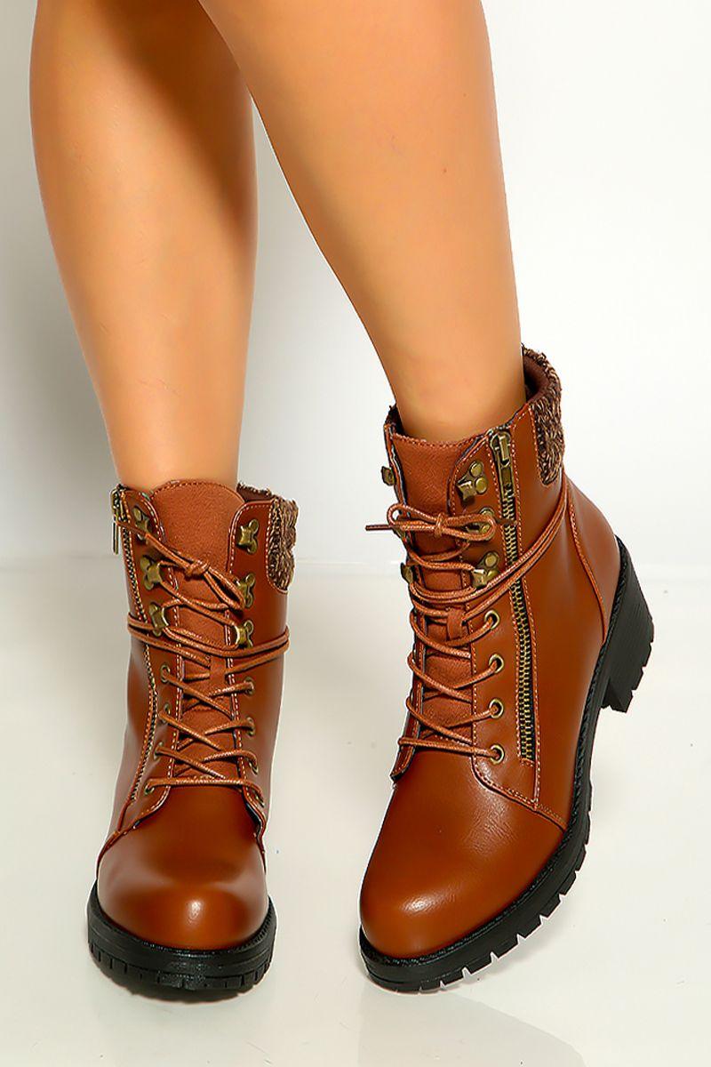 Dark Rust Round Toe Lace Up Combat Boots - AMIClubwear