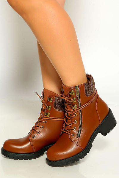 Dark Rust Round Toe Lace Up Combat Boots - AMIClubwear