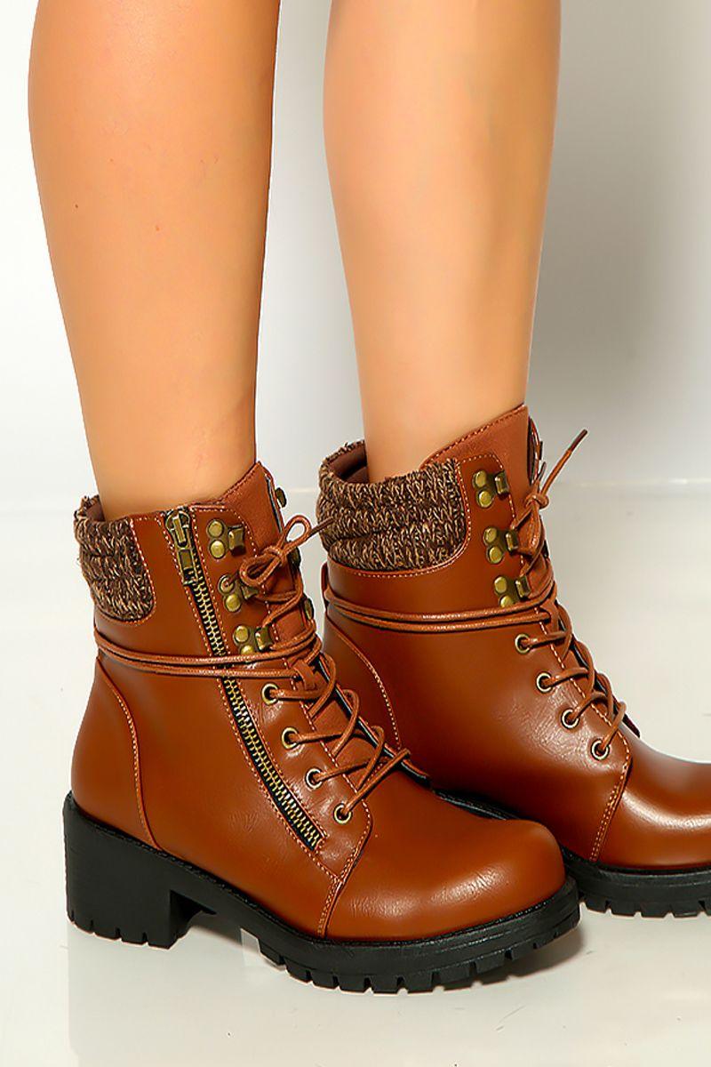 Dark Rust Round Toe Lace Up Combat Boots - AMIClubwear