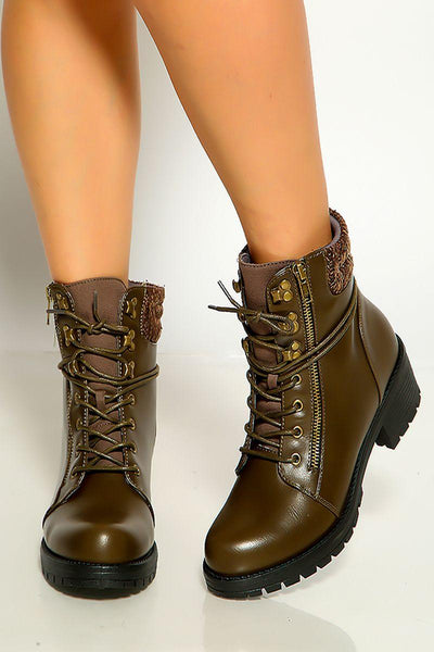 Dark Taupe Round Toe Lace Up Combat Boots - AMIClubwear