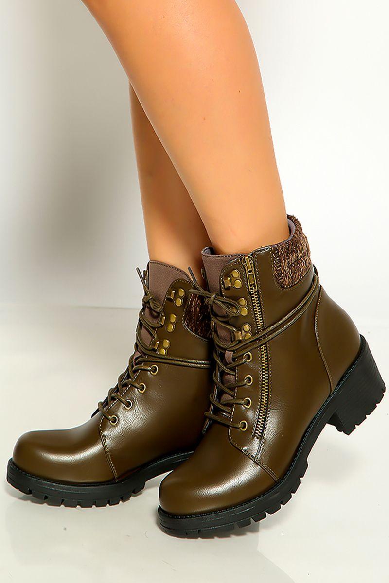 Dark Taupe Round Toe Lace Up Combat Boots - AMIClubwear