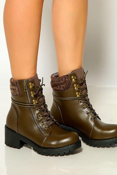 Dark Taupe Round Toe Lace Up Combat Boots - AMIClubwear