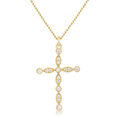 Delicate Vintage Gold Plated Clear CZ Cross Pendant - AMIClubwear