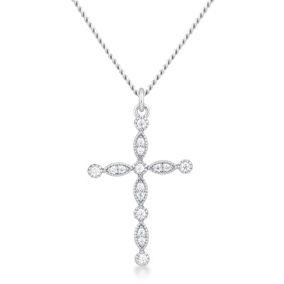 Delicate Vintage Rhodium Plated Clear CZ Cross Pendant - AMIClubwear