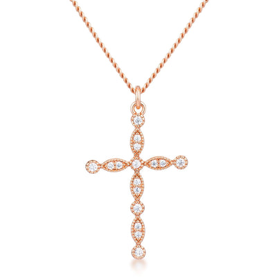 Delicate Vintage Rose Gold Plated Clear CZ Cross Pendant - AMIClubwear