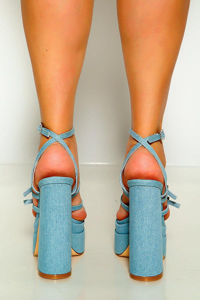 Denim Ankle Strap Chunky Platform Heels - AMIClubwear