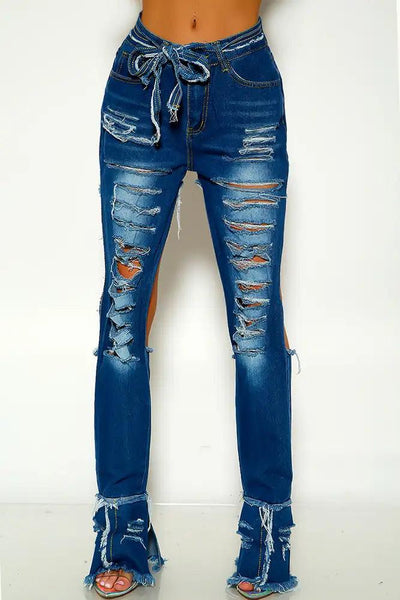 Denim Blue Distressed Bell Bottom Mid Rise Jeans - AMIClubwear