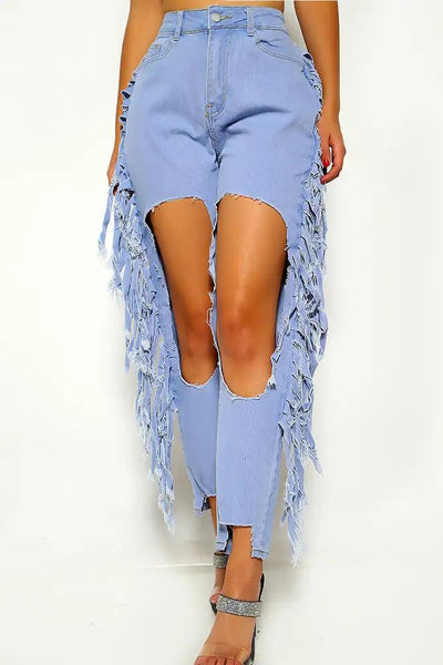 Denim Fringe Distressed Jeans - AMIClubwear