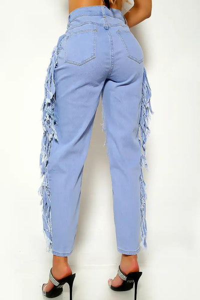 Denim Fringe Distressed Jeans - AMIClubwear