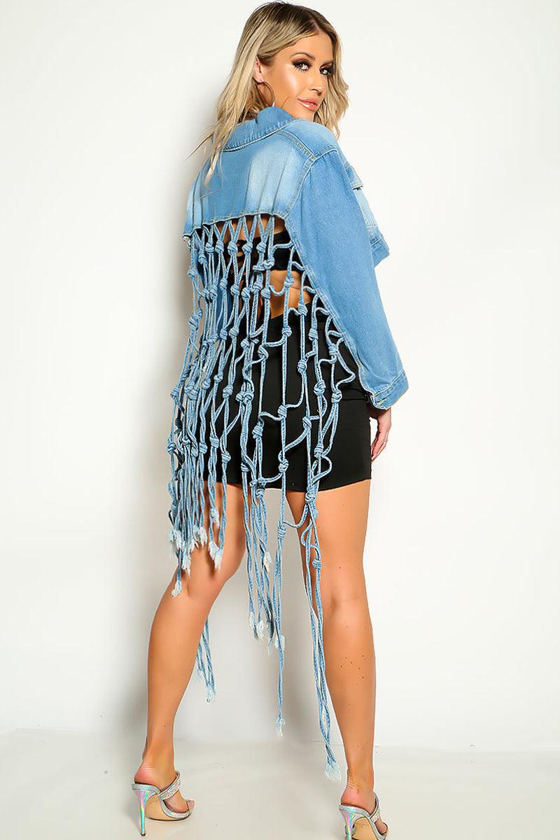 Denim Fringe Knot Detail Button Up Cropped Jean Jacket - AMIClubwear