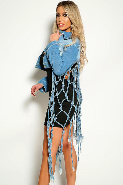 Denim Fringe Knot Detail Button Up Cropped Jean Jacket - AMIClubwear