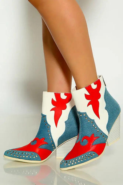 Denim Pointy Toe Two Tone Western Cowboy Boots - AMIClubwear