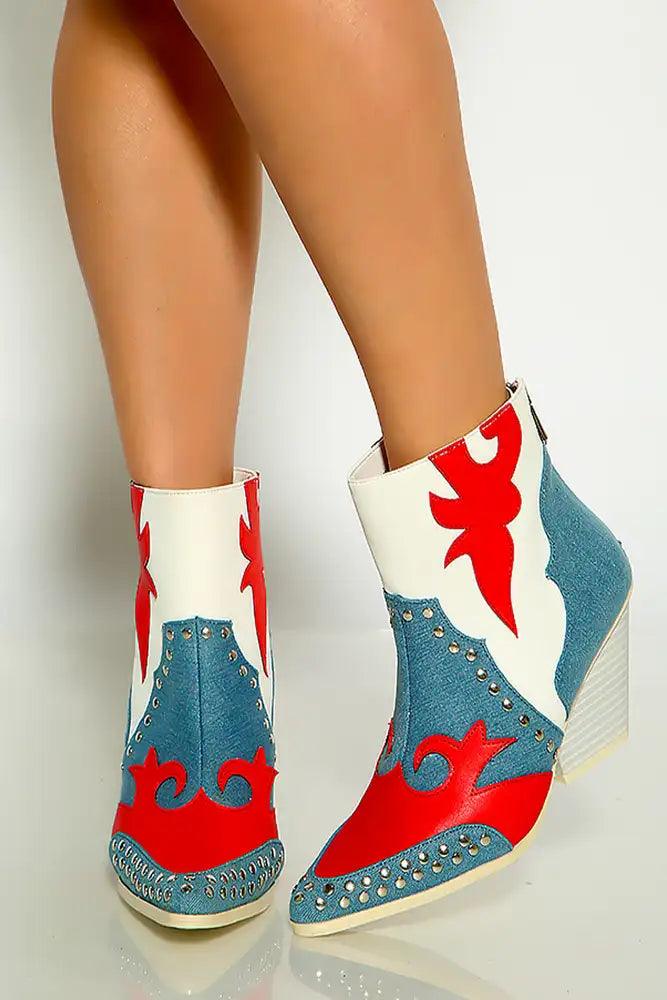 Denim Pointy Toe Two Tone Western Cowboy Boots - AMIClubwear