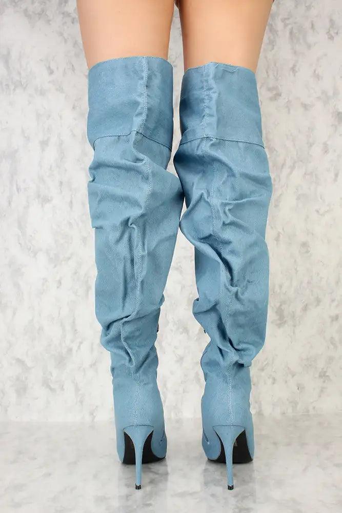 Denim Ruched Pointy Toe Thigh High Boots - AMIClubwear