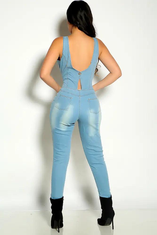 Denim Sleeveless Front Zipper Detail Jumpsuit - AMIClubwear