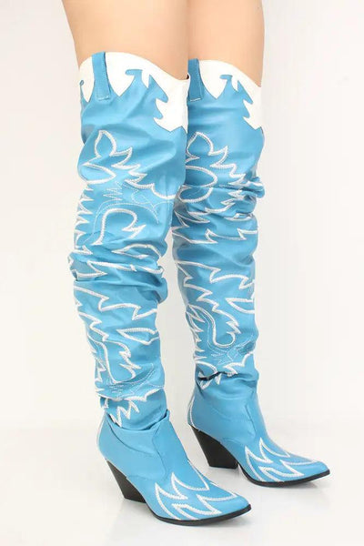 Denim Thigh High Cowgirl Boots - AMIClubwear