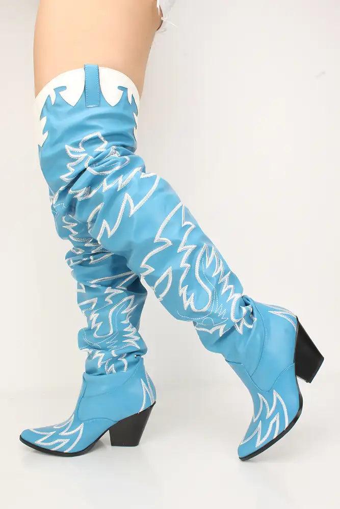 Denim Thigh High Cowgirl Boots - AMIClubwear