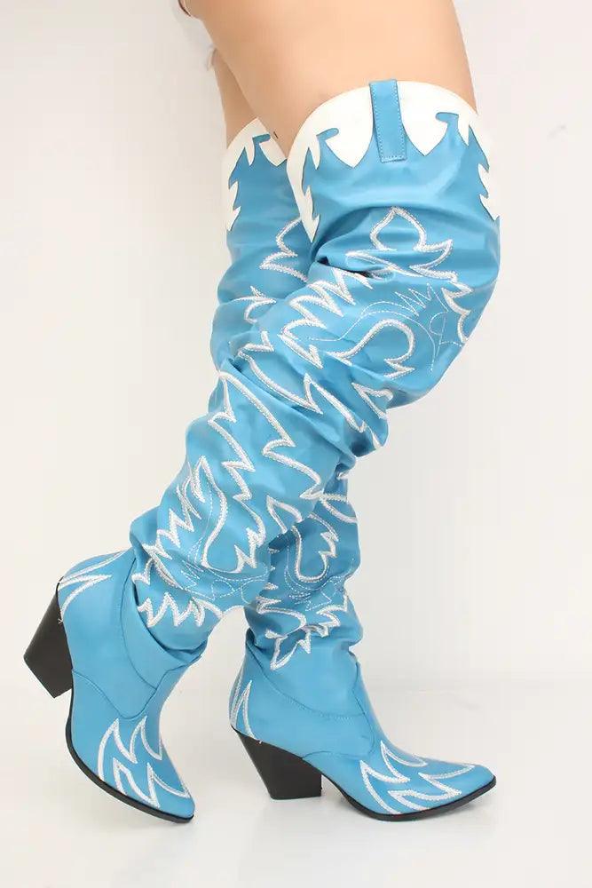 Denim Thigh High Cowgirl Boots - AMIClubwear