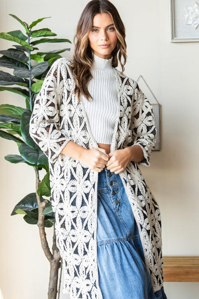 Veveret Geometric Open Front Three-Quarter Sleeve Cardigan - AMIClubwear