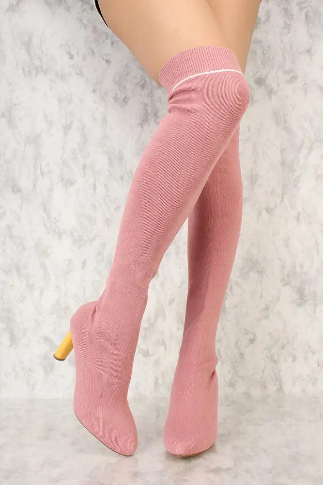 Dust Rose Round Pointy Toe Thigh High Chunky Heel Sock Boots - AMIClubwear