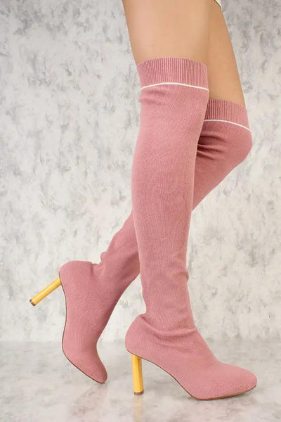 Dust Rose Round Pointy Toe Thigh High Chunky Heel Sock Boots - AMIClubwear