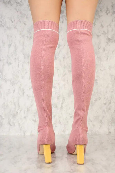 Dust Rose Round Pointy Toe Thigh High Chunky Heel Sock Boots - AMIClubwear