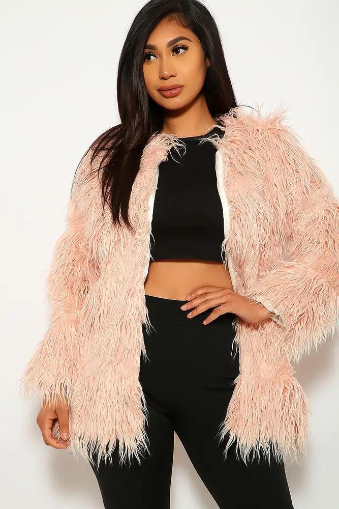 Dusty Pink Faux Fur Long Sleeves Coat - AMIClubwear