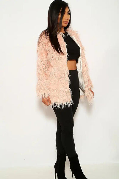 Dusty Pink Faux Fur Long Sleeves Coat - AMIClubwear