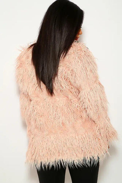 Dusty Pink Faux Fur Long Sleeves Coat - AMIClubwear