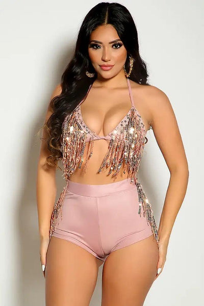 Dusty Pink Halter Sequins Fringe Two Piece Outfit - AMIClubwear