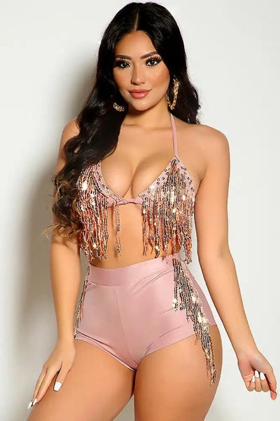 Dusty Pink Halter Sequins Fringe Two Piece Outfit - AMIClubwear