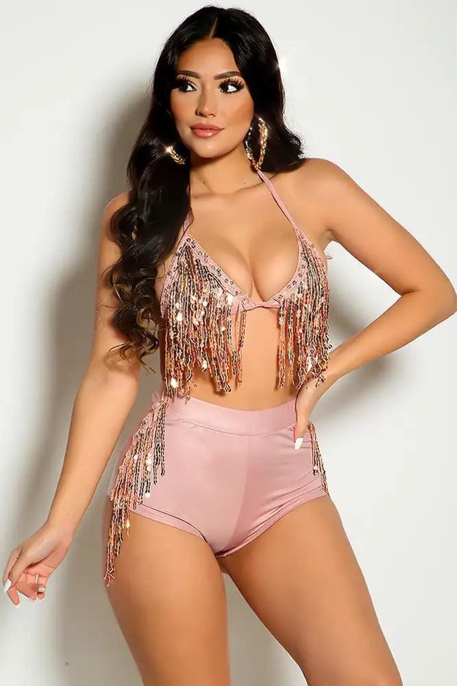 Dusty Pink Halter Sequins Fringe Two Piece Outfit - AMIClubwear