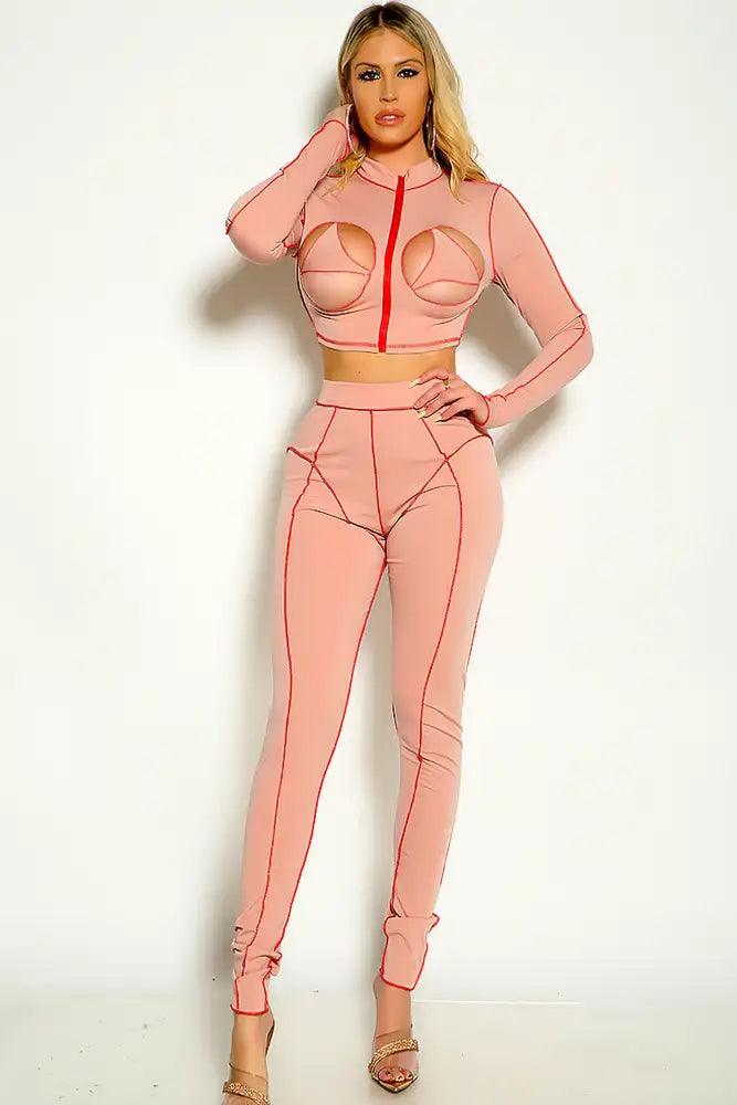 Dusty Pink Long Sleeve Cut Out Stitched Detail Two Piece Outfit - AMIClubwear