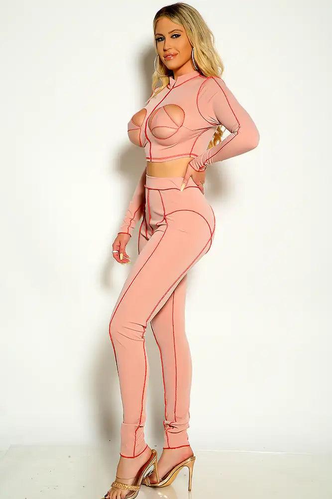 Dusty Pink Long Sleeve Cut Out Stitched Detail Two Piece Outfit - AMIClubwear