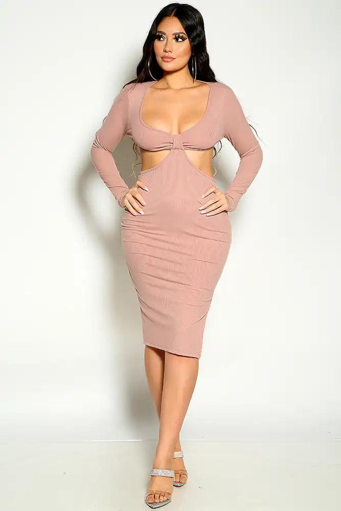 Dusty Pink Long Sleeve Ribbed Cut Out Knee Length Dress - AMIClubwear