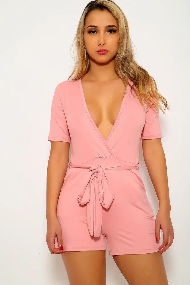 Dusty Rose Short Sleeve Casual Romper - AMIClubwear