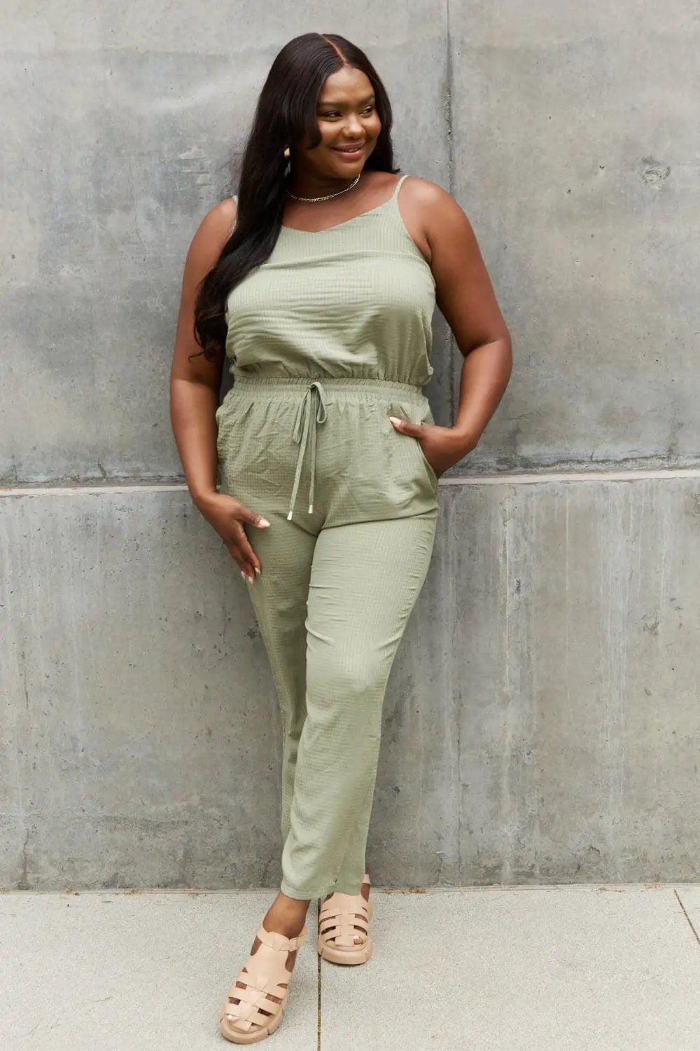 ODDI Full Size Textured Woven Jumpsuit in Sage