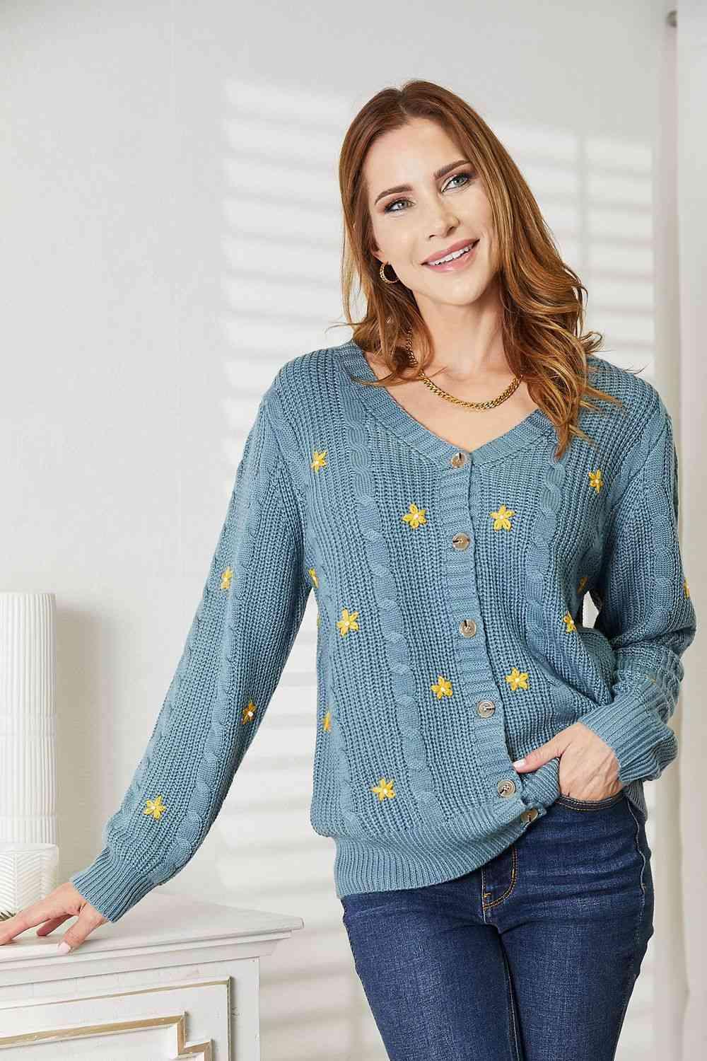 HEYSON Full Size Floral Embroidered Cable Cardigan - AMIClubwear