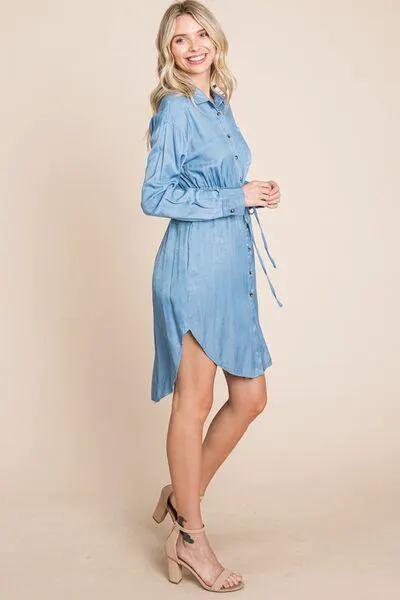 Faith Apparel Button Up Drawstring Shirt Dress