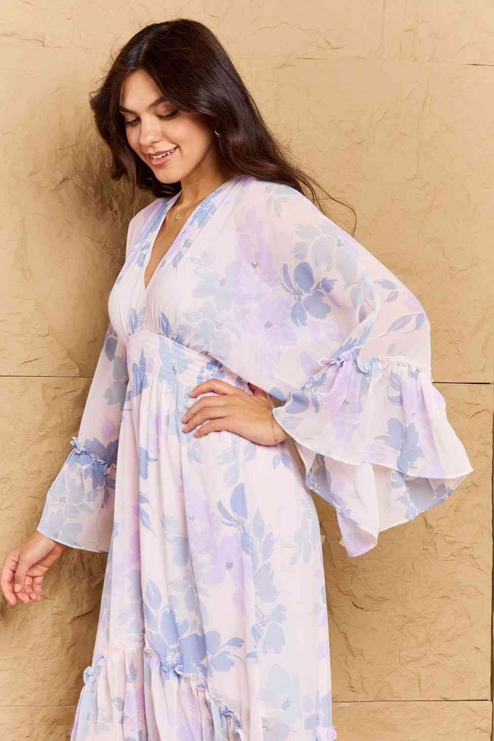 OneTheLand Take Me With You Floral Bell Sleeve Midi Dress in Blue - AMIClubwear