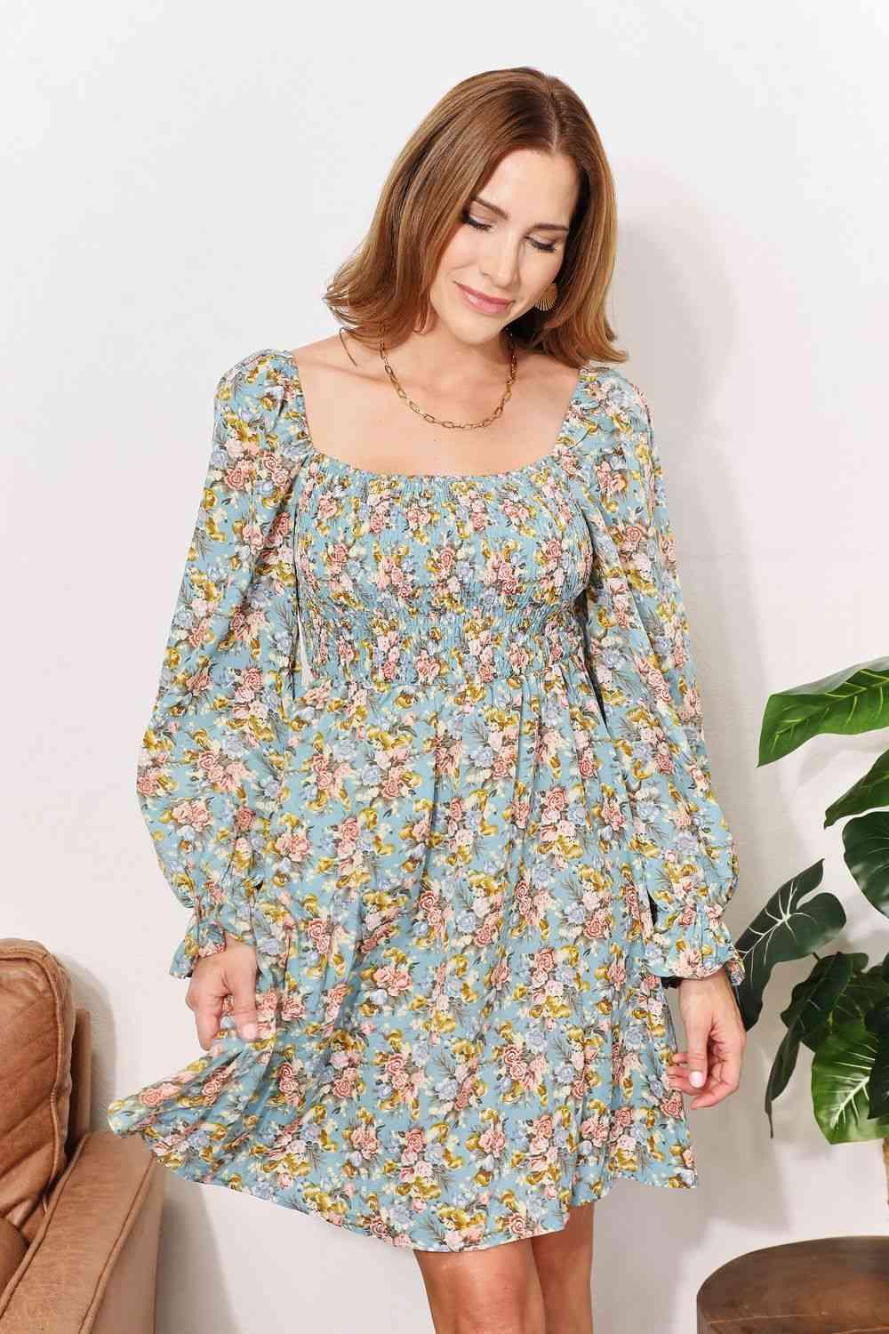 Double Take Floral Smocked Flounce Sleeve Square Neck Dress - AMIClubwear
